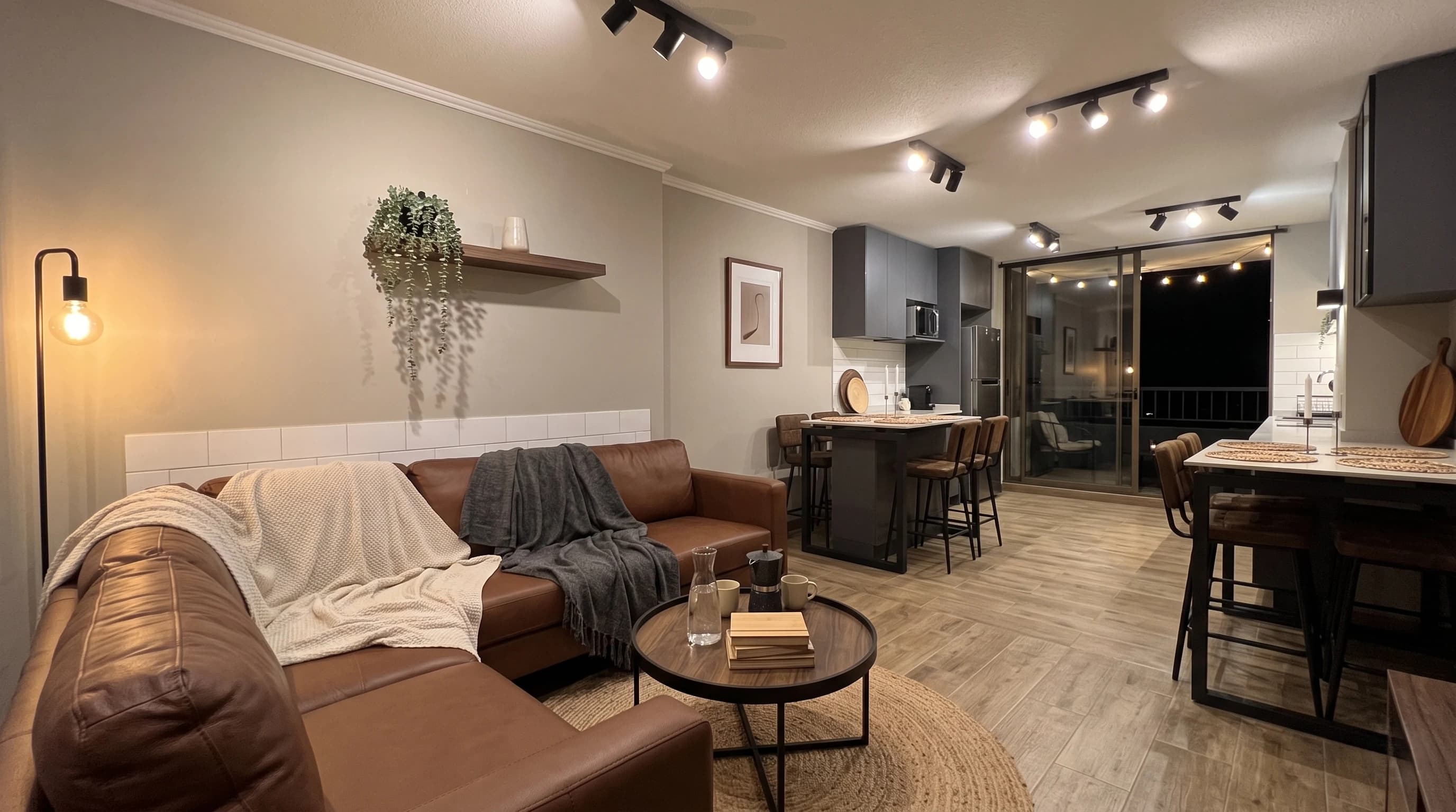 Living comedor con sofá de cuero café, manta tejida y mesa de centro de madera, en luz cálida nocturna.