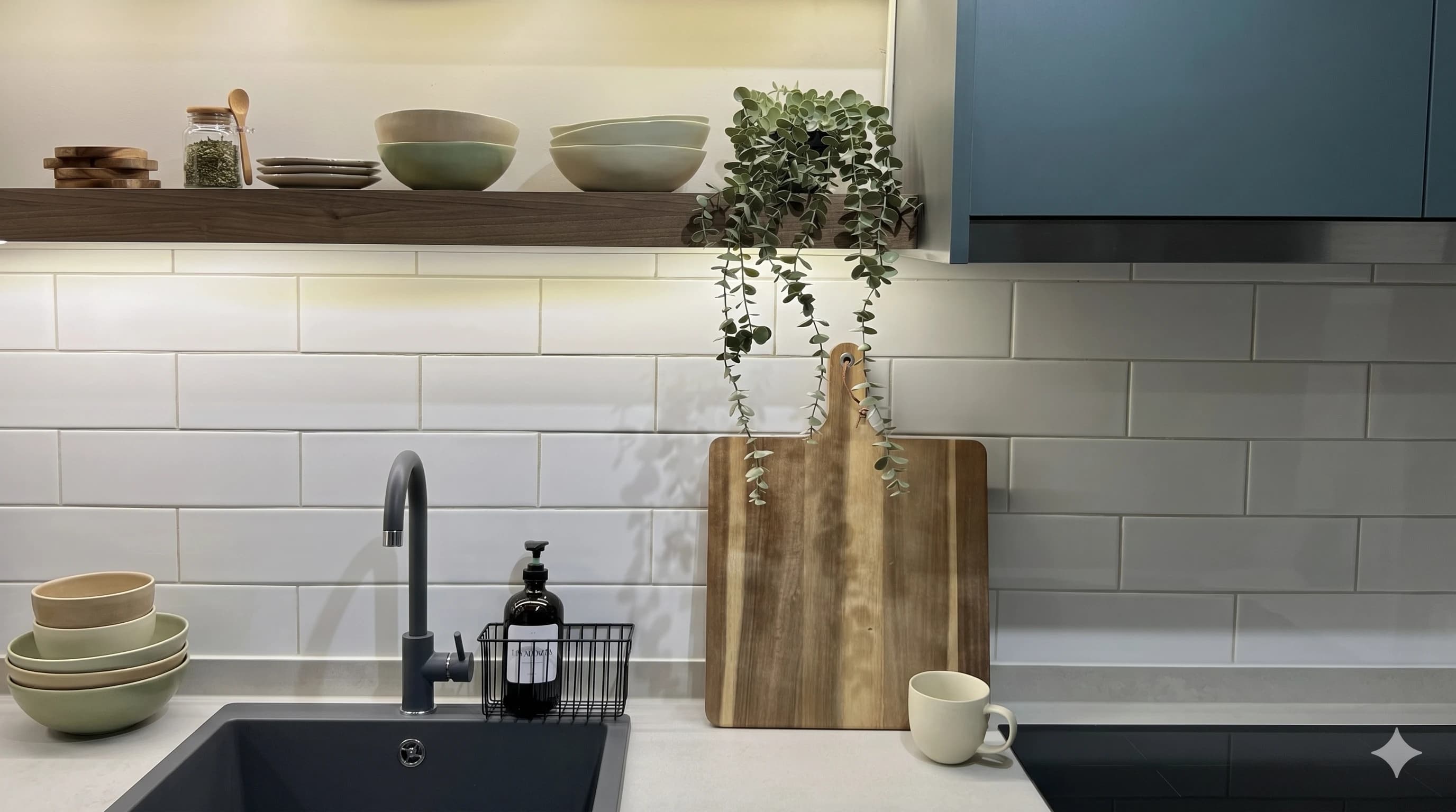 Detalle de la cocina: repisa de madera con planta colgante de eucalipto, cerámica artesanal y tabla de madera.